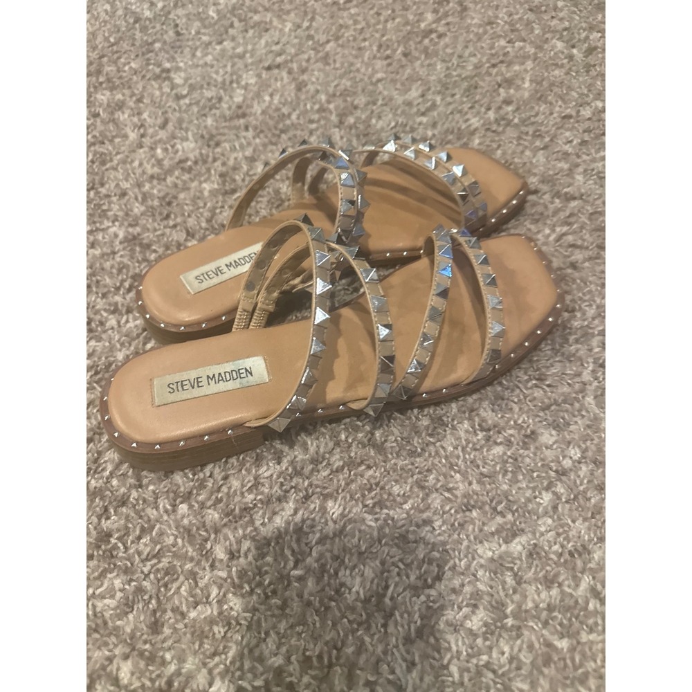 Steve Madden Skyler Tan Multi Studded Flat Slide Sandals Square Toe Womens 8.5
